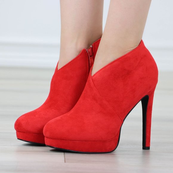 Red Platform Ankle Boots High Heel Stilettos Faux Suede - Picture 11 of 12
